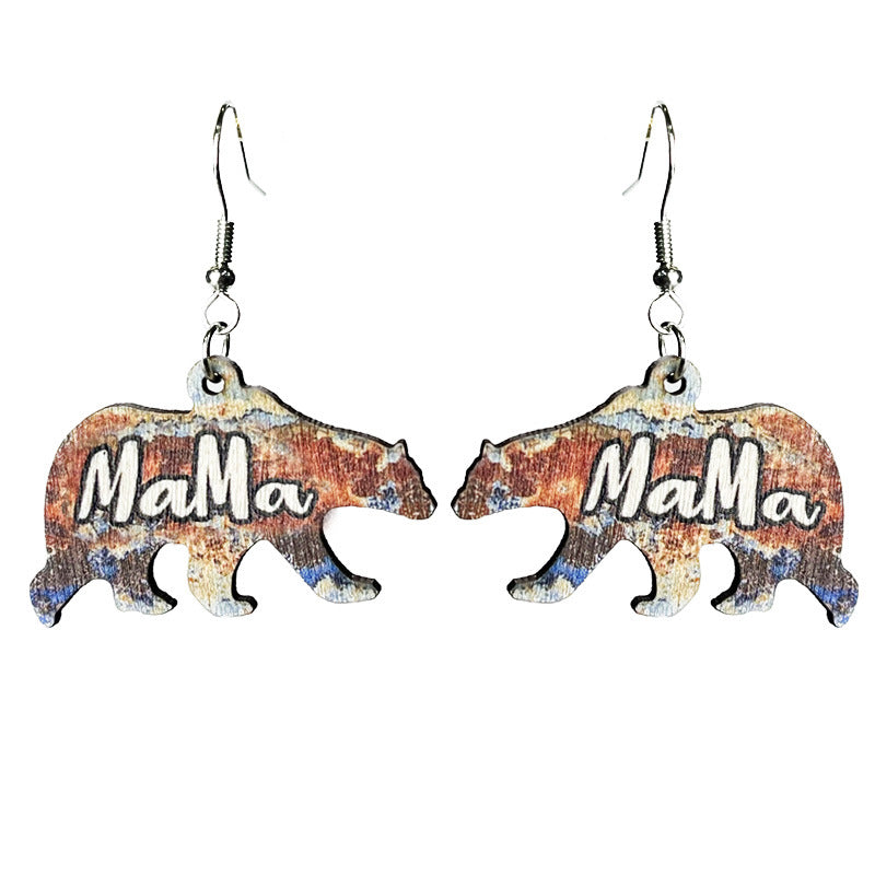 Wholesale Mother's Day Mother Bear Wooden Earrings